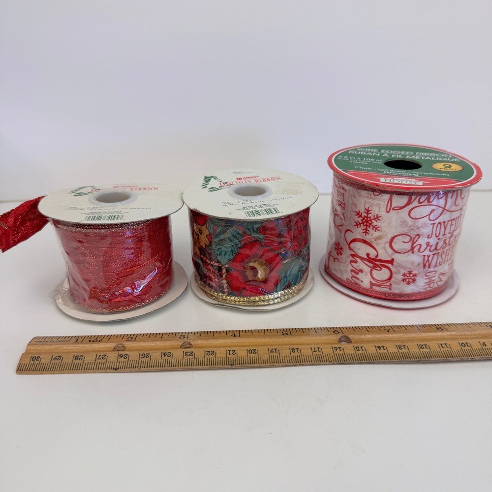 3 Vtg Rolls Wangs Christmas House Holiday Ribbon Wired Glitter Red Metallic